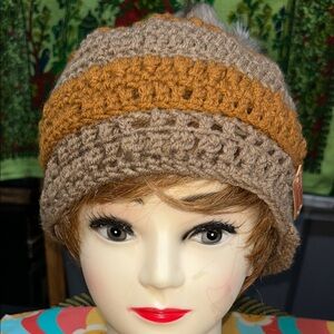 Cozy Brown and Orange handcrafted crocheted Beanie with pompom.